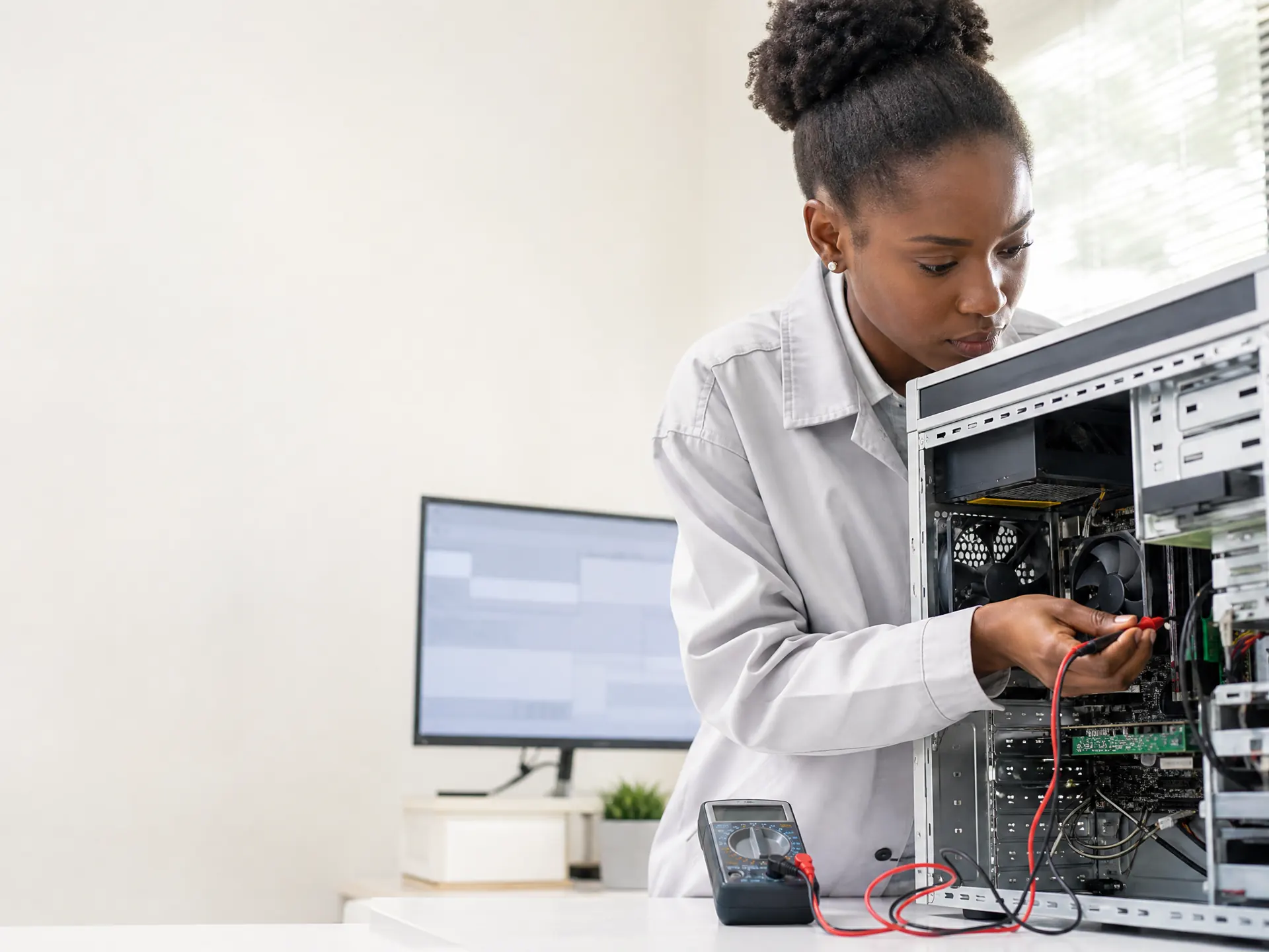 Technician diagnosing a desktop computer